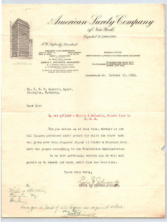 Louisville Kentucky American Surety Company 1925 Prohibition Bond Letterhead 8.5 x 11