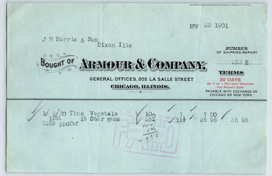 Chicago Illinois Armour Company 1901 billhead wholesale meat packing invoice document