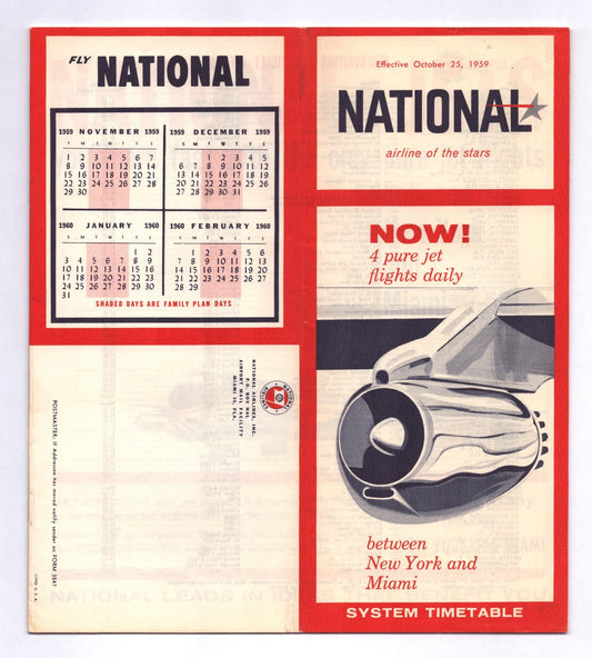 1959 National Airlines system timetable booklet cover featuring red and cream design, jet engine illustration, calendar panel, and New York to Miami route promotion