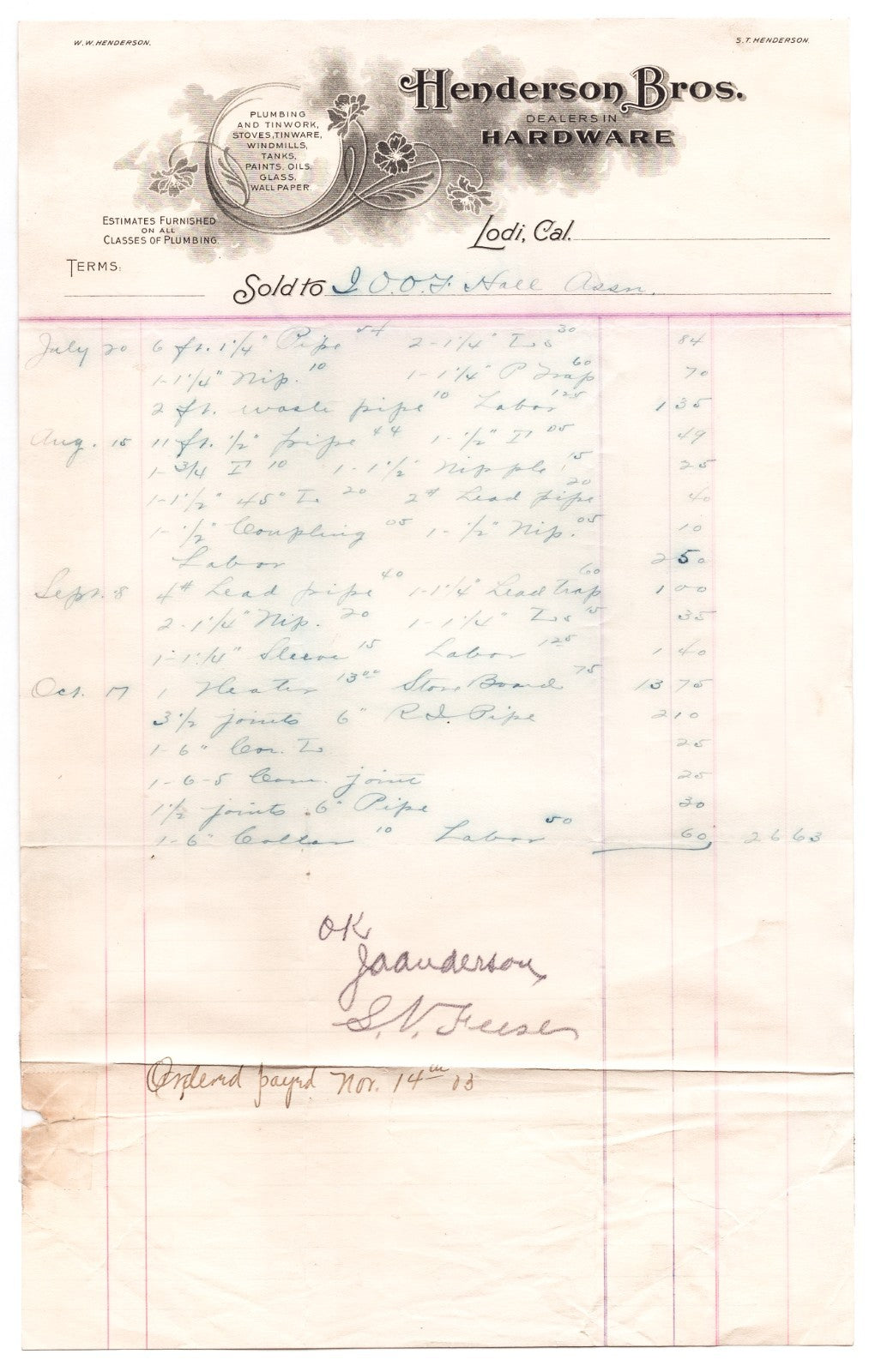 Lodi California 1903 Henderson Bros Hardware billhead invoice with ornate letterhead and handwritten itemized entries on ruled ledger sheet