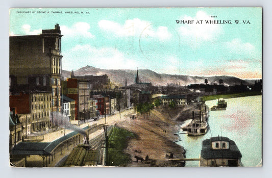 Wheeling West Virginia wharf railroad train riverboats 1909 divided back postcard posted