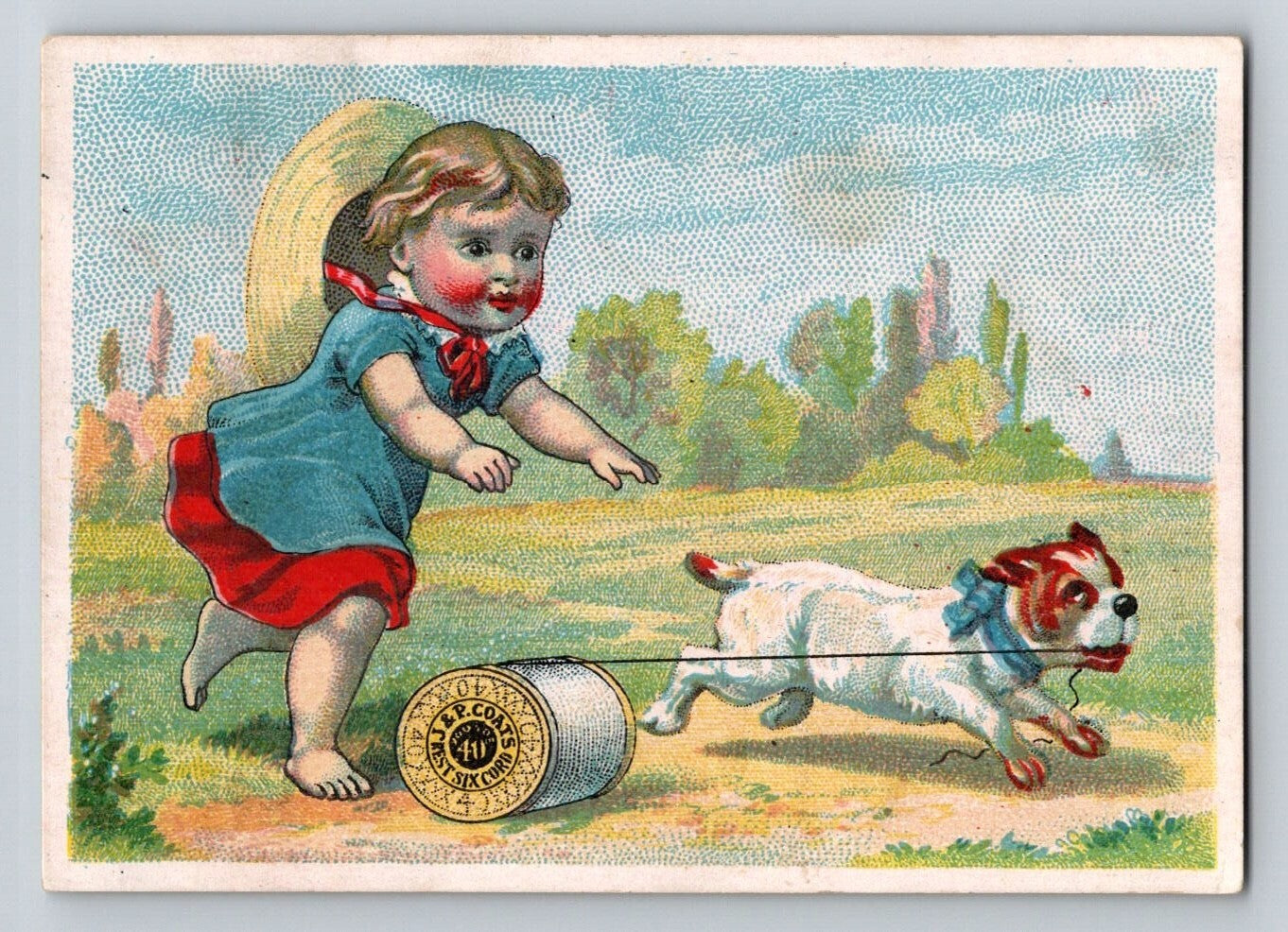 J P Coats sewing thread trade card girl chasing dog spool Victorian advertising card