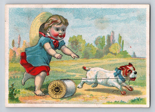 J P Coats sewing thread trade card girl chasing dog spool Victorian advertising card