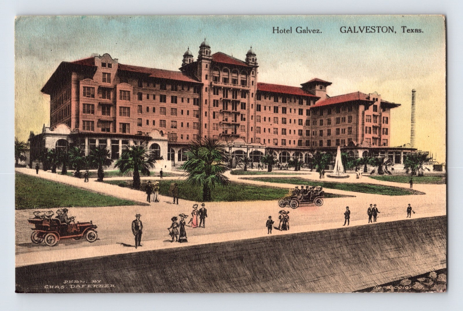 Galveston Texas Hotel Galvez boardwalk 1916 hand colored postcard