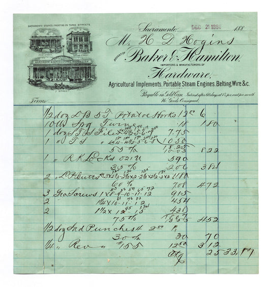 Sacramento California Baker Hamilton hardware billhead 1886 agricultural implements invoice