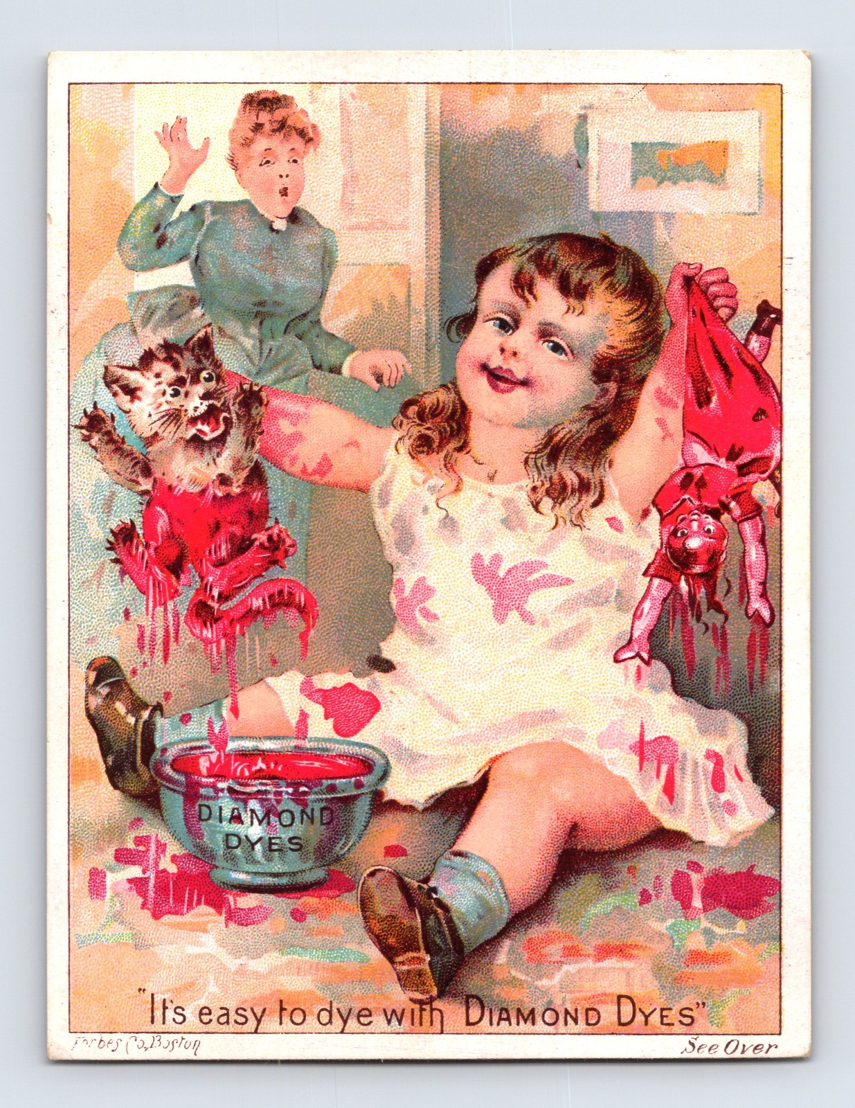 Diamond Dyes Cat Doll Red Dye Disaster 1890s Trade Card 4.25 x 3.25