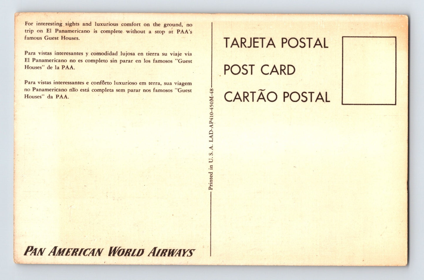 Pan American Airways PAA Airplane Guest Houses 1940s Linen Postcard Unposted