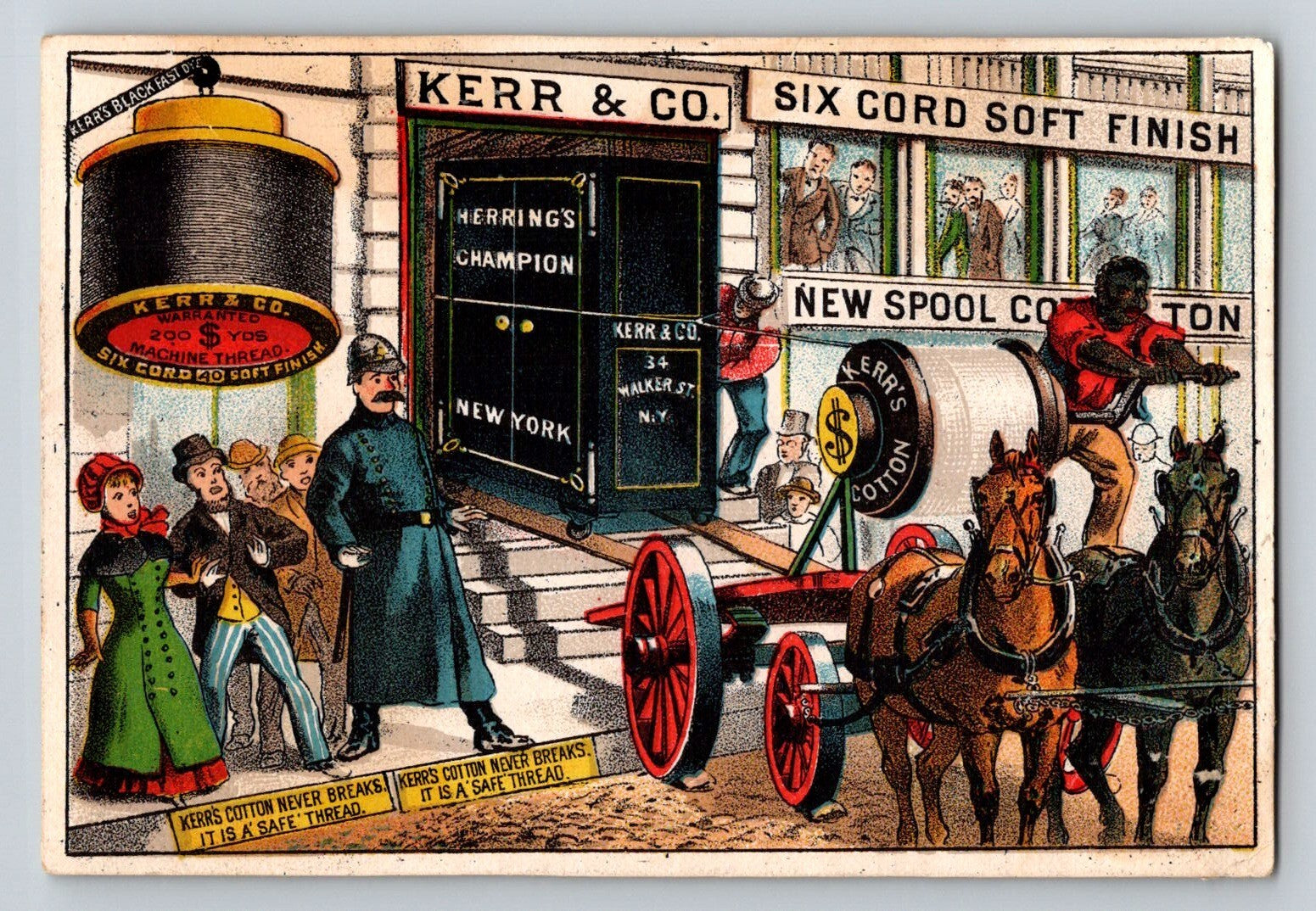 Victorian trade card advertising Kerr Six Cord Soft Finish New Spool Cotton with horse cart and Herring Safe storefront scene 1890s