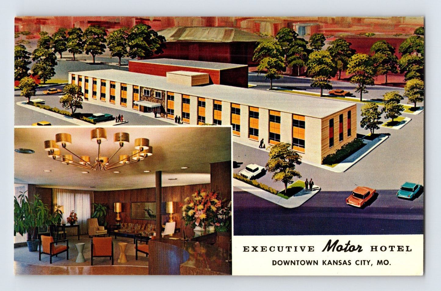 Kansas City Missouri Executive Motor Hotel exterior aerial view lobby interior 1960s postcard