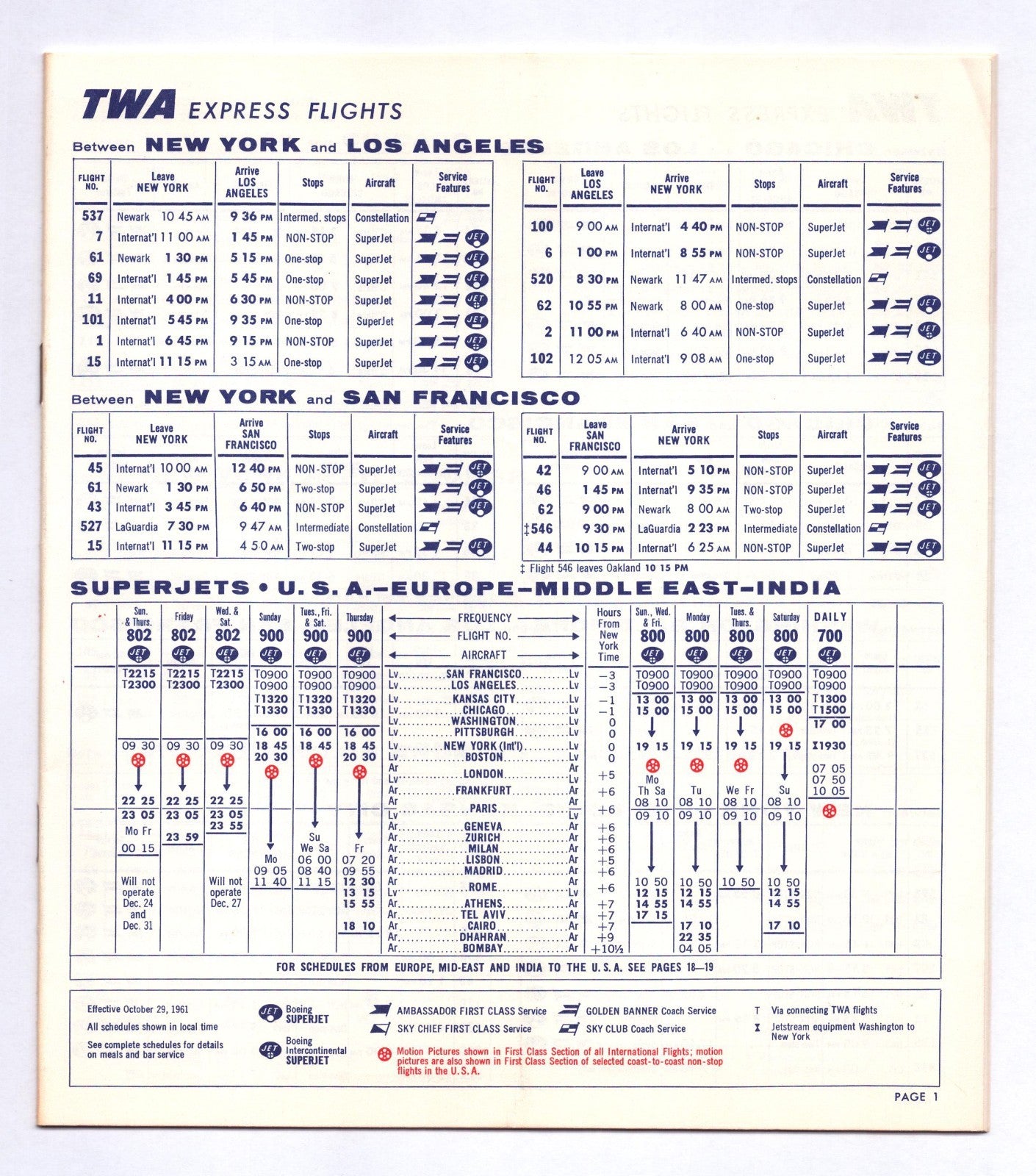TWA Trans World Airlines 1961 Direct Europe System Time Table Booklet Vintage