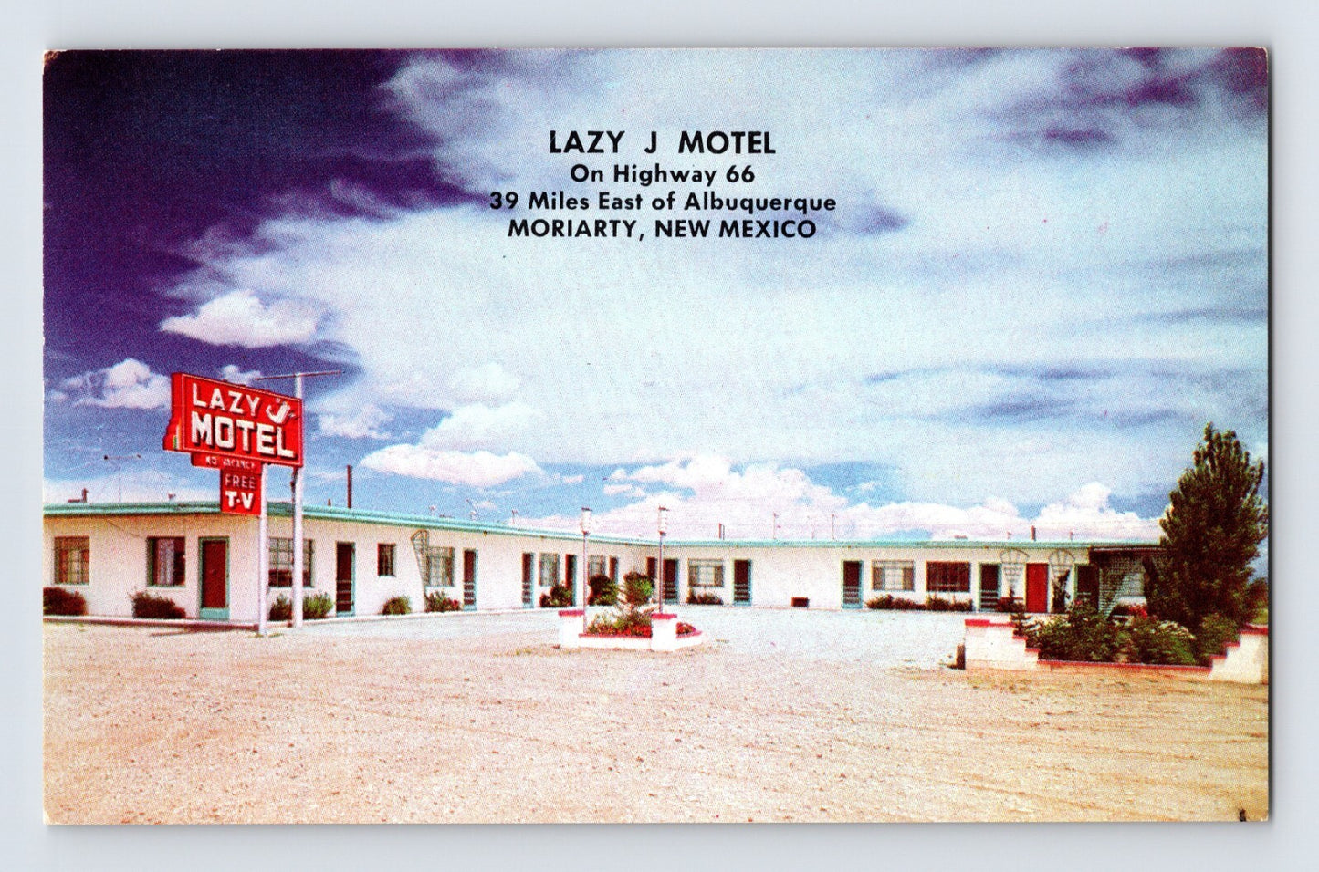 Moriarity New Mexico Route 66 Lazy J Motel roadside sign courtyard 1950s chrom