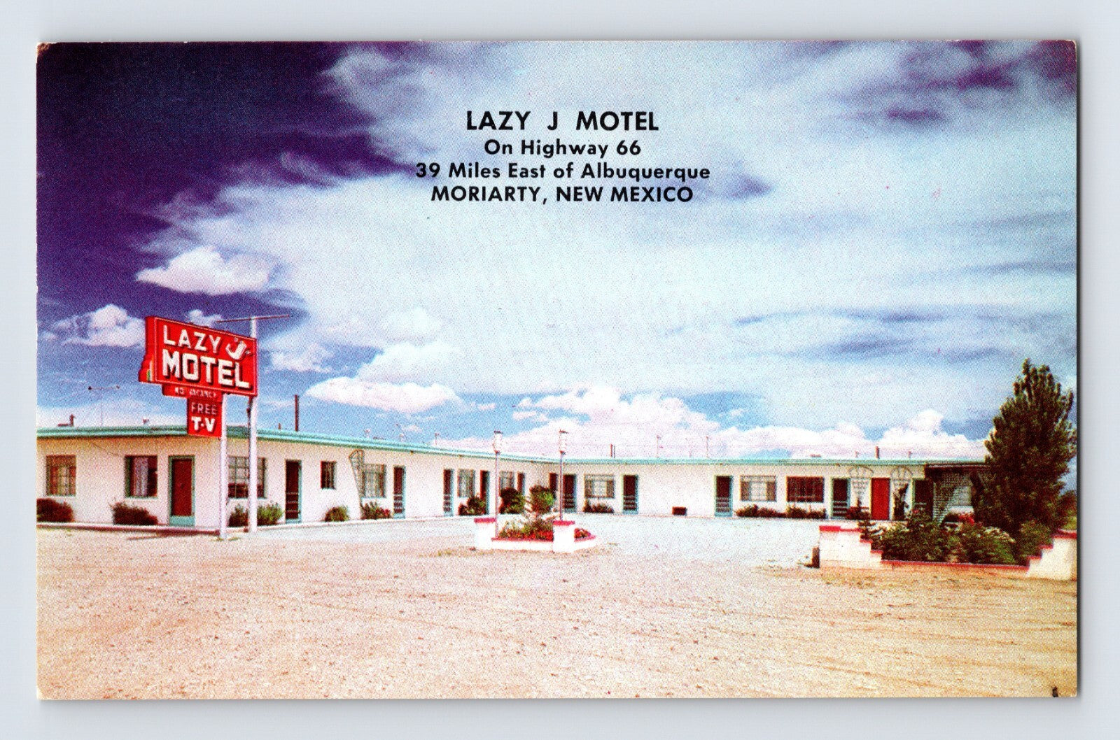 Moriarity New Mexico Route 66 Lazy J Motel roadside sign courtyard 1950s chrom