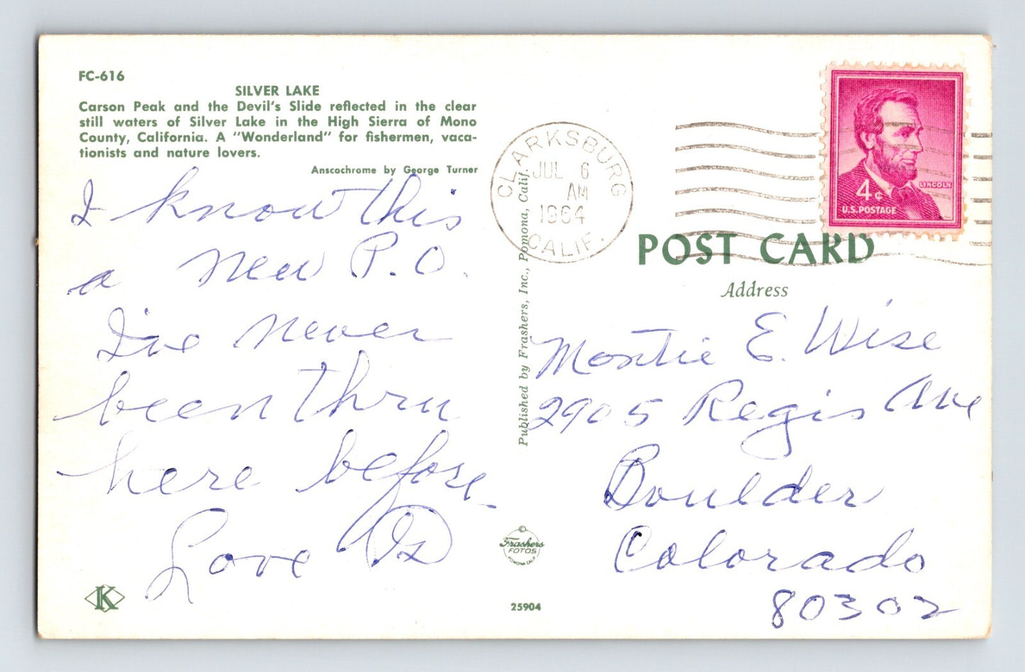 Mono County California Silver Lake Devils Slide Carson Peak 1964 Postcard
