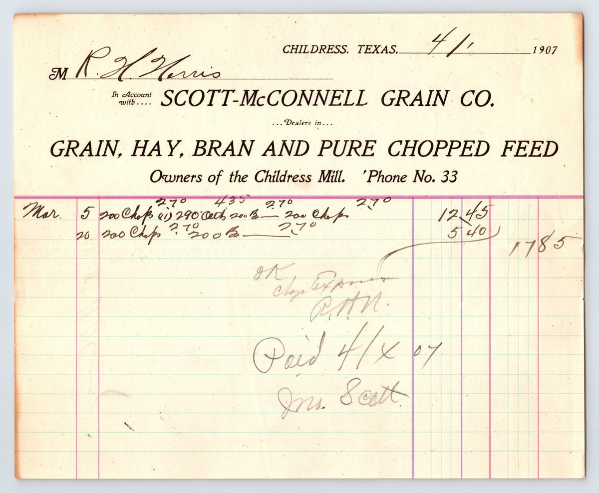 1907 Scott McConnell Grain Co Childress Texas grain hay bran feed billhead ledger page