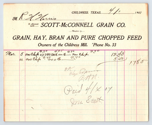 1907 Scott McConnell Grain Co Childress Texas grain hay bran feed billhead ledger page