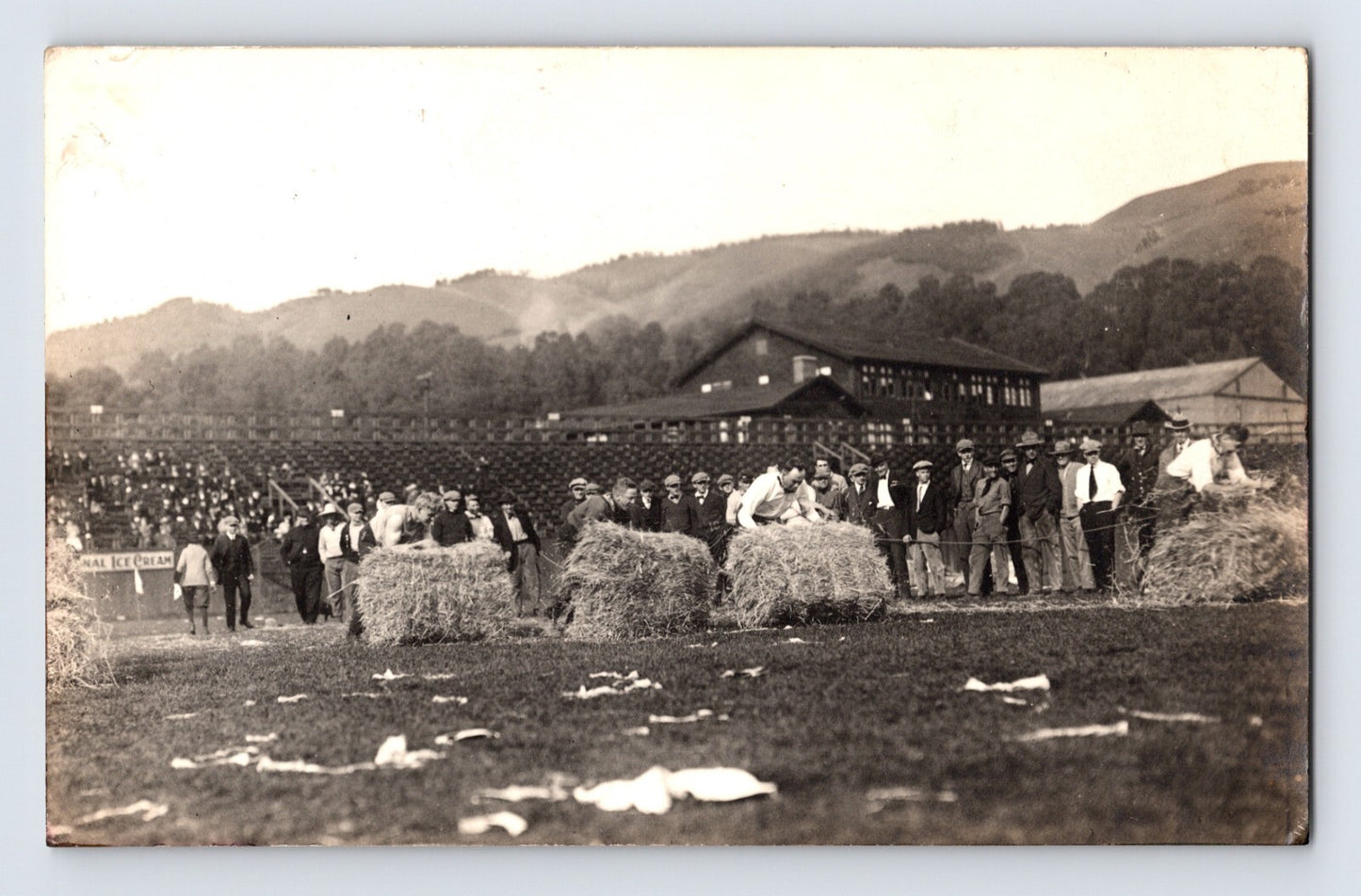 1910s real photo postcard of hay bale race in Berkeley, California with teams pushing large bales, crowd gathered in field, and hillside buildings in background