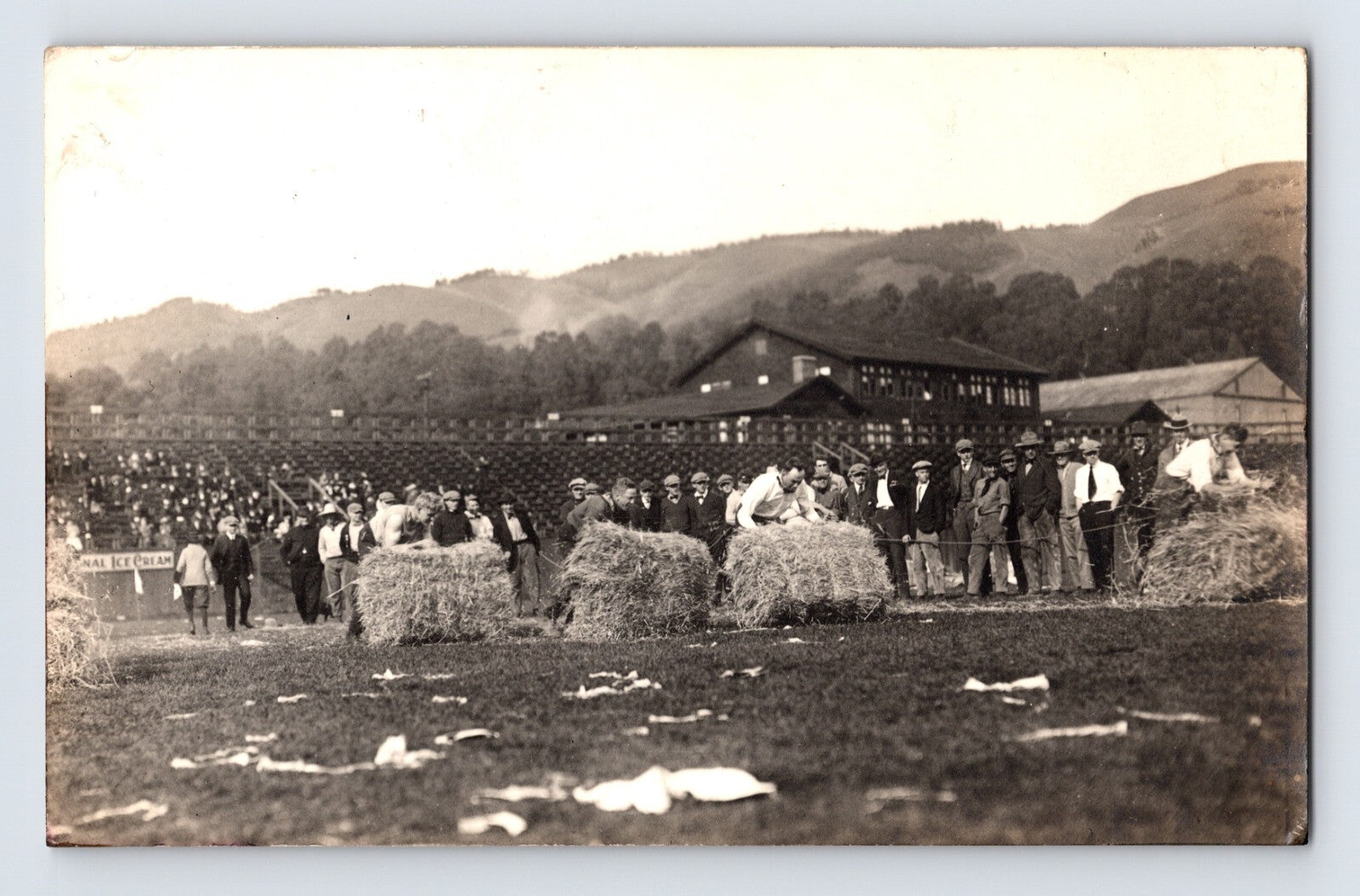 1910s real photo postcard of hay bale race in Berkeley, California with teams pushing large bales, crowd gathered in field, and hillside buildings in background
