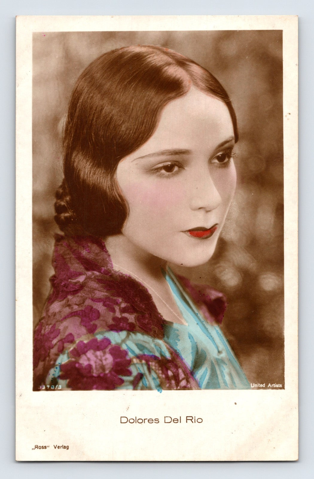Dolores Del Rio portrait tinted color Ross Verlag 1930s RPPC postcard