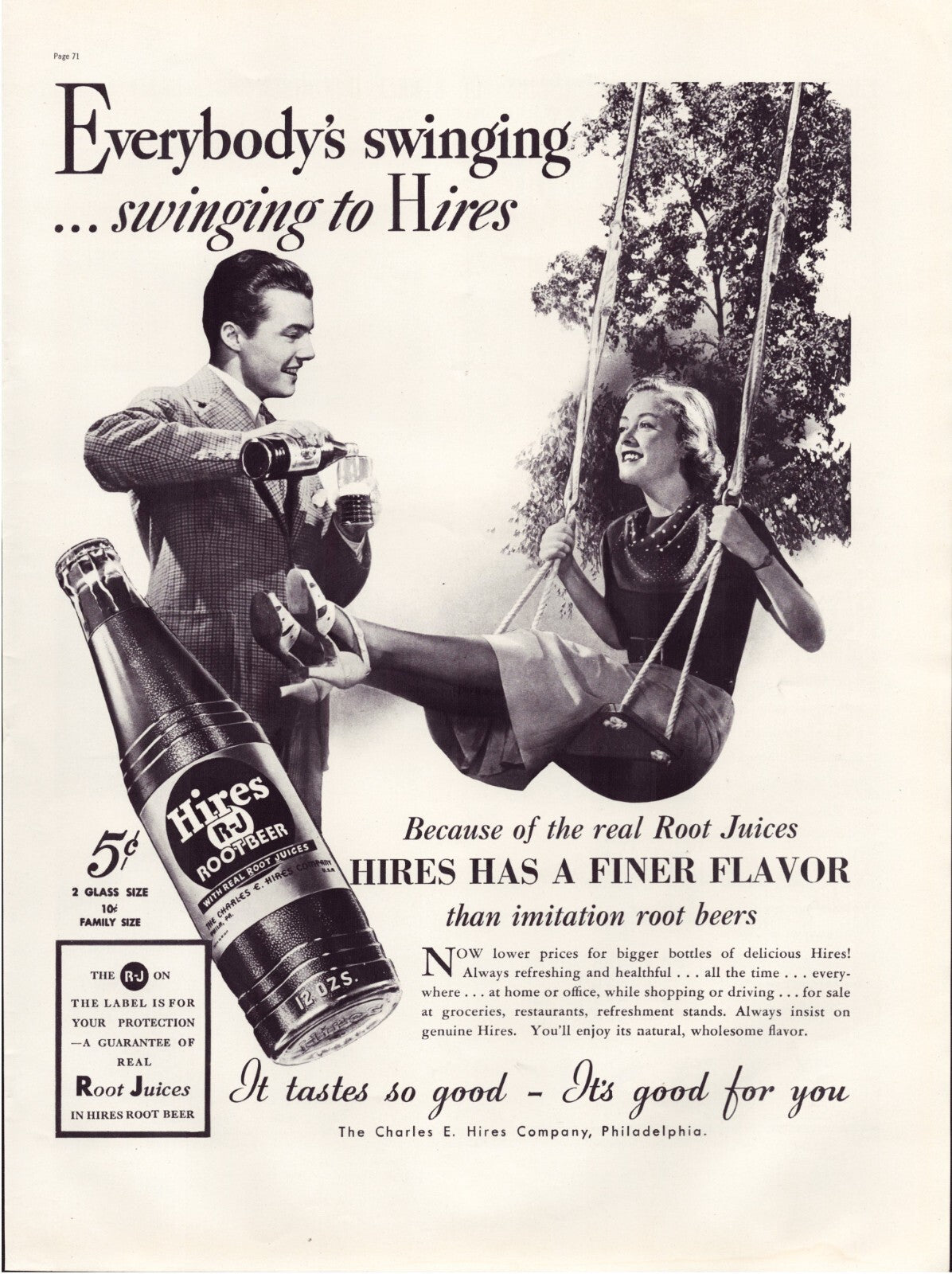 Hires Root Beer 1937 print ad woman on tree swing man pouring drink bottle vintage beverage advertisement