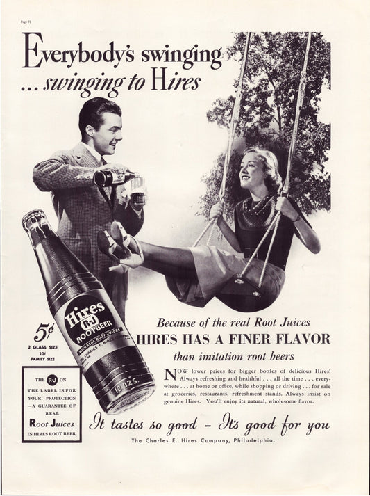 Hires Root Beer 1937 print ad woman on tree swing man pouring drink bottle vintage beverage advertisement