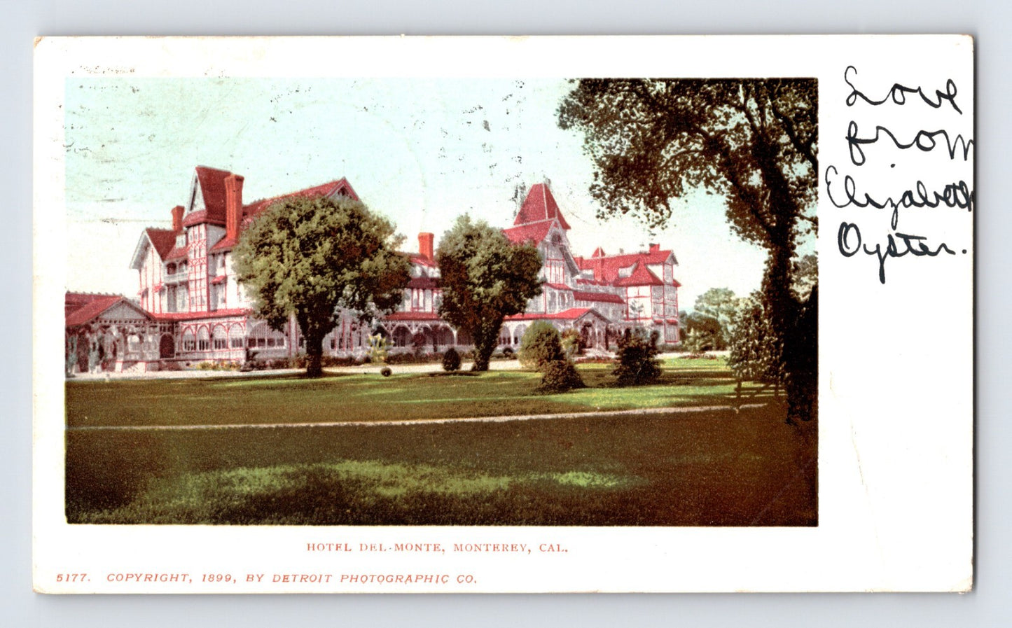 Monterey California Hotel Del Monte lawn and facade 1903 postcard