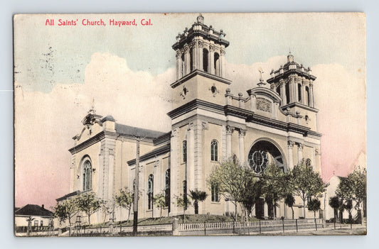 Hayward California All Saints Church exterior 1911 divided back postcard with twin towers and rose window