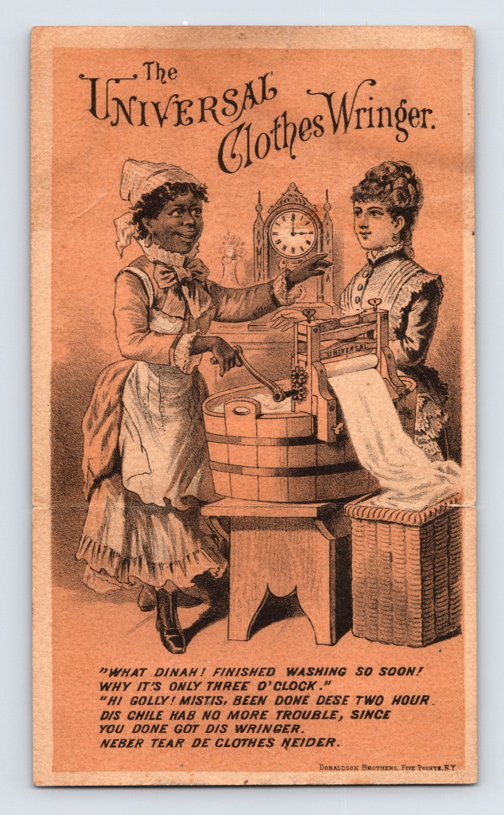 Honesdale Pennsylvania Universal Clothes Wringer Victorian trade card with laundry scene and folding advertising panel.
