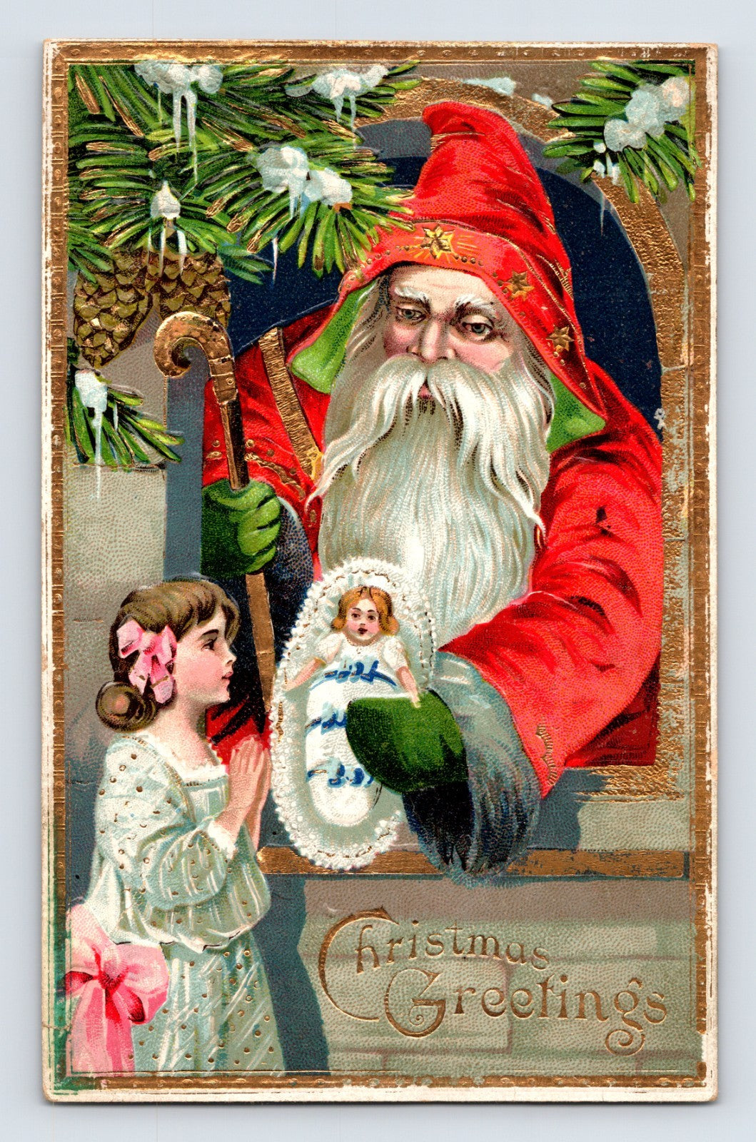 Santa Claus in a red hooded robe hands a lace-trimmed doll to a praying girl beneath snow-covered pine branches on this embossed 1910s Christmas postcard printed in Saxony.