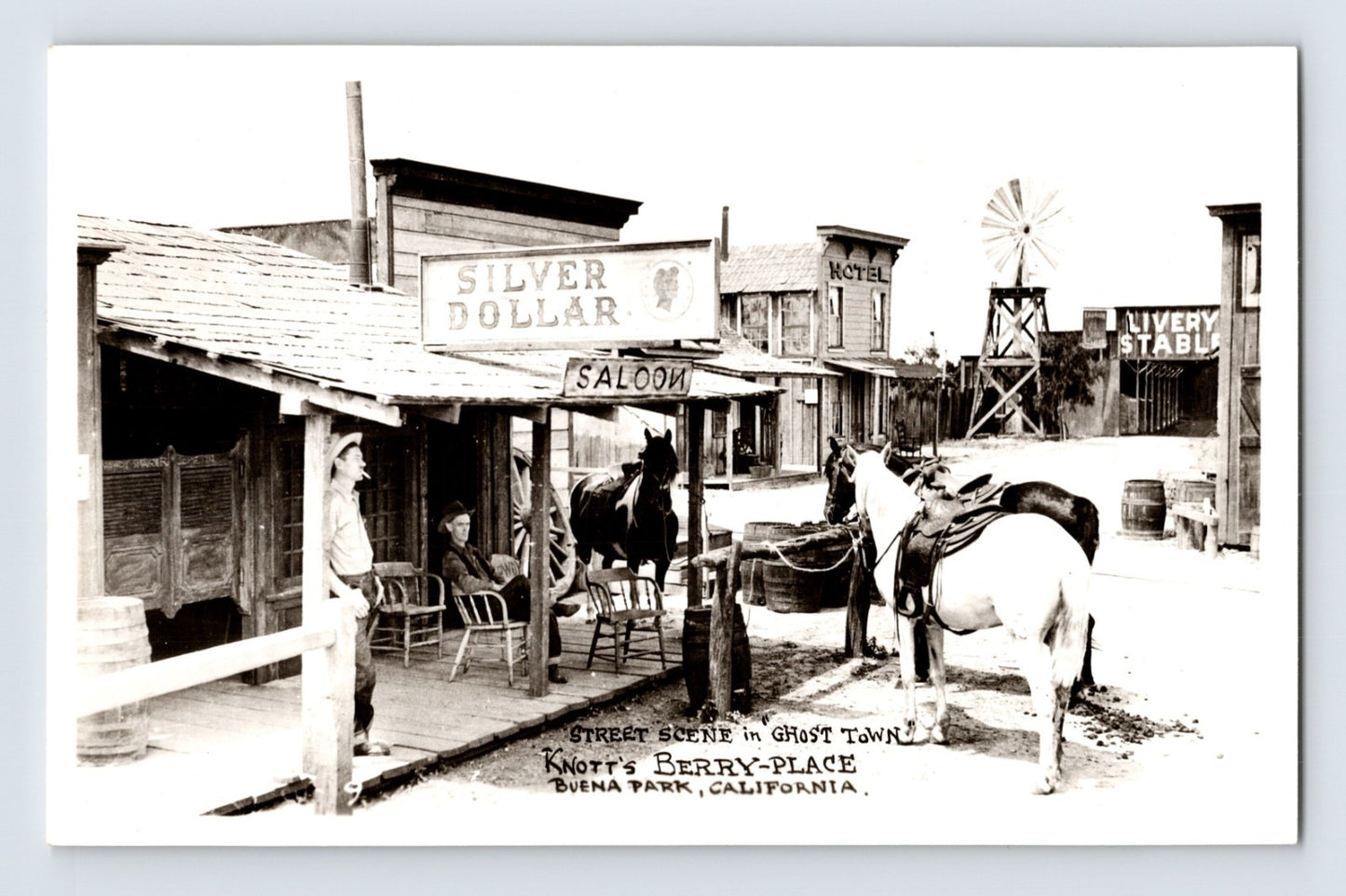 Knott’s Berry Place Ghost Town Buena Park California western street scene postcard with saloon and horses