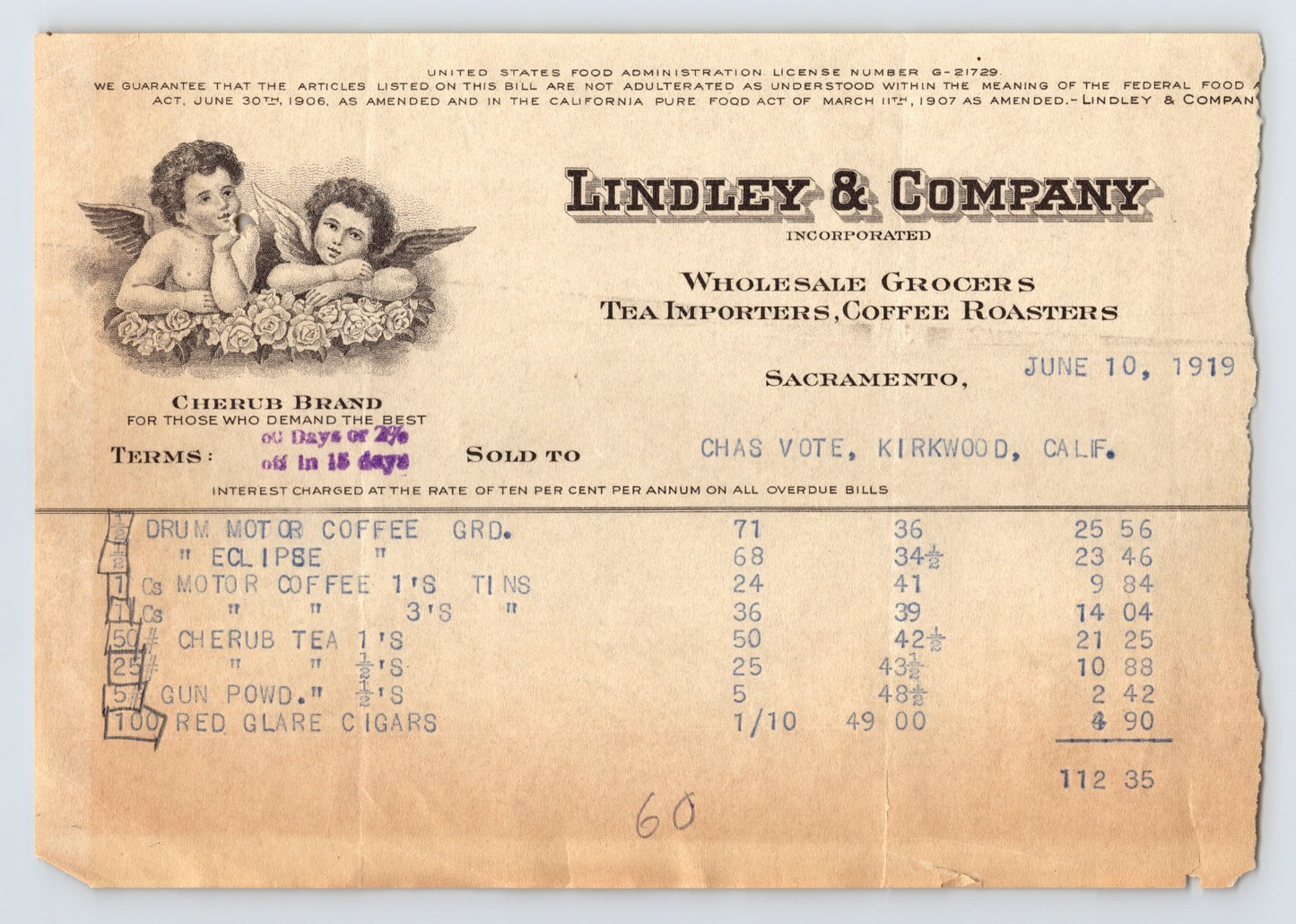 1919 Sacramento California Lindley & Company wholesale grocers billhead featuring Cherub Brand angel artwork, coffee and tea product listings, and typed merchant invoice details.