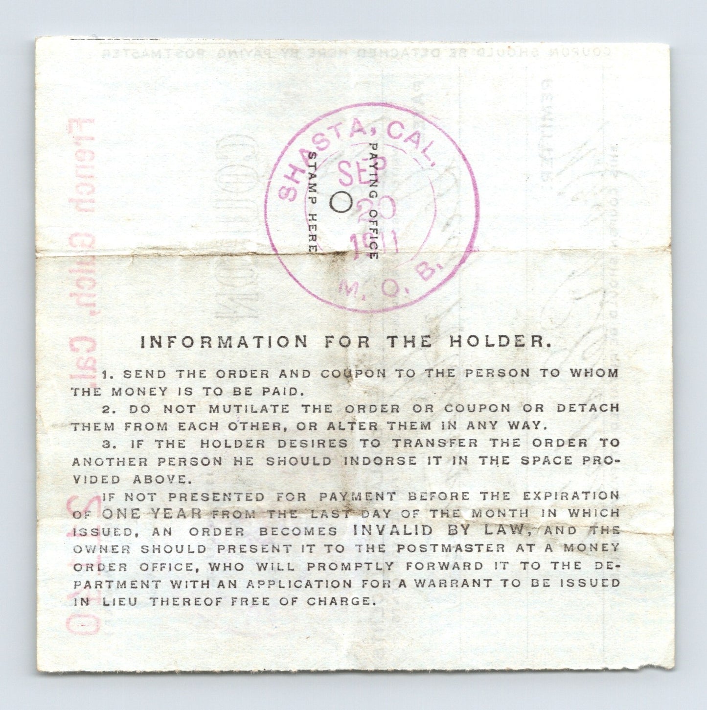 French Gulch California 1911 Postal Money Order Advice Receipt 3.5 x 3.5