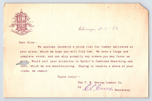 T W Harvey Lumber Company Chicago Illinois 1886 letterhead business correspondence lumber trade antique document 8 x 5.5