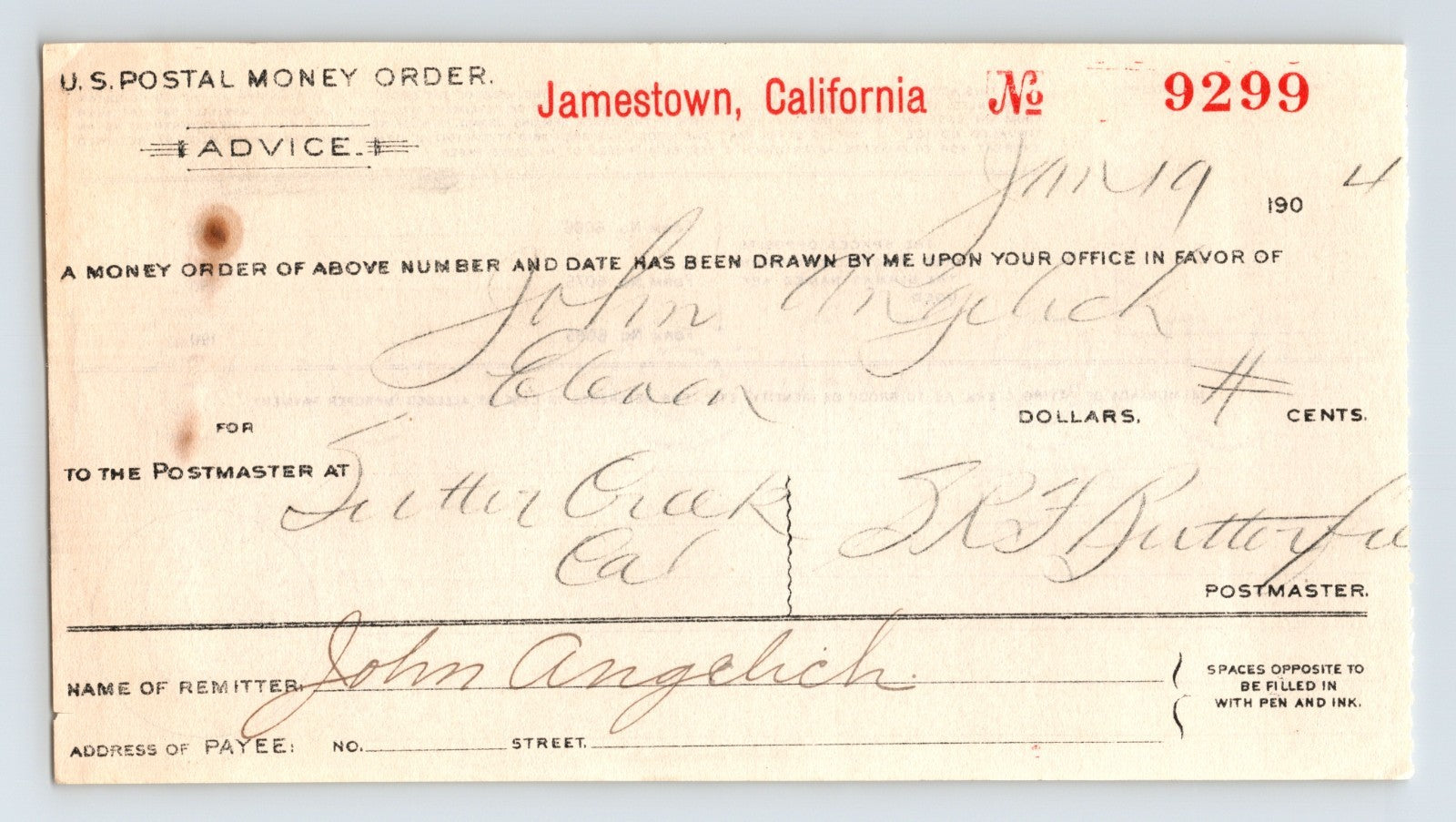 Jamestown California 1904 postal money order advice form handwritten financial document vintage postal system