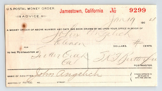 Jamestown California 1904 postal money order advice form handwritten financial document vintage postal system