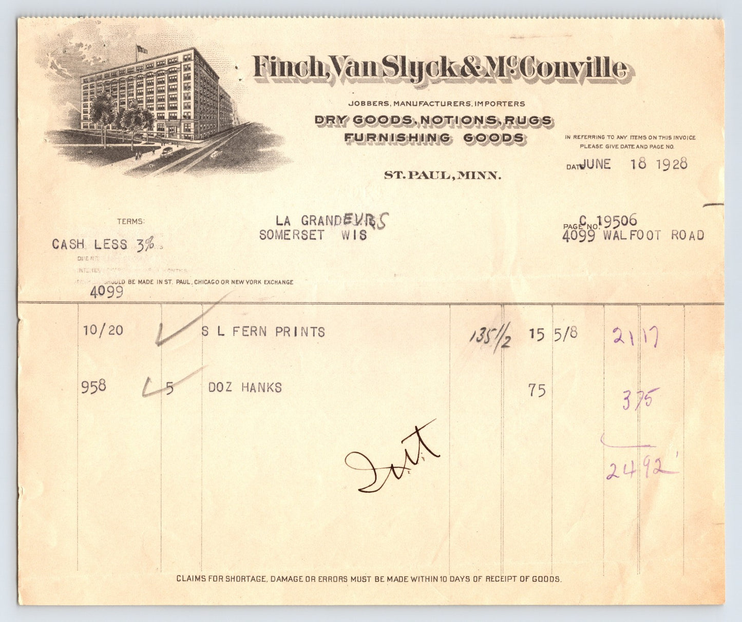 St Paul Minnesota 1928 Finch Van Slyck McConville dry goods billhead invoice