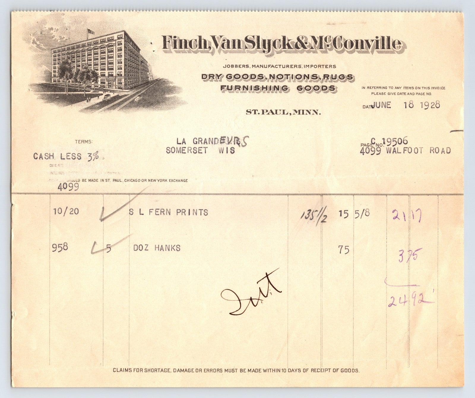 St Paul Minnesota 1928 Finch Van Slyck McConville dry goods billhead invoice