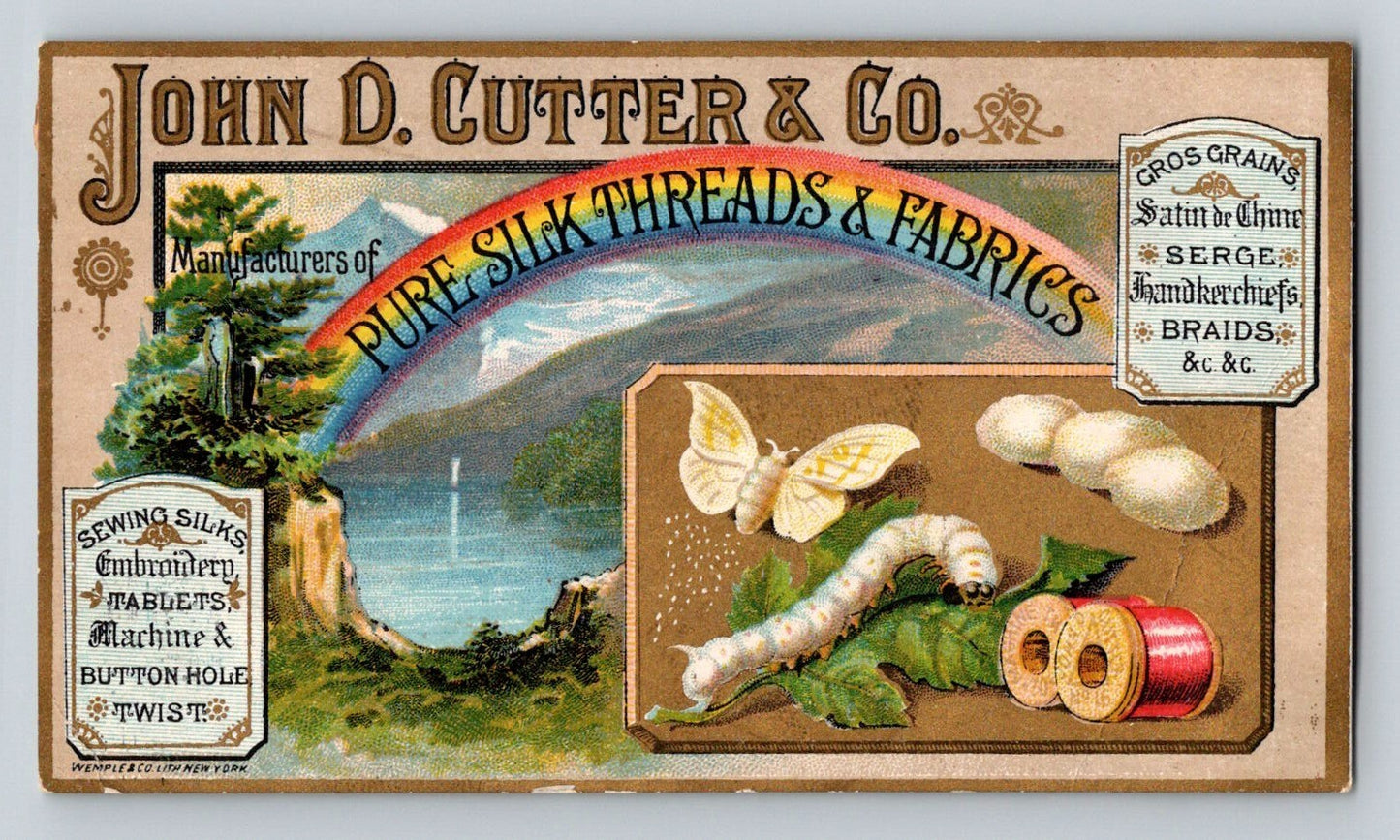John D. Cutter Silk Threads Fabric 1890s Trade Card Rainbow Silk Worm 2.75 x 4.5