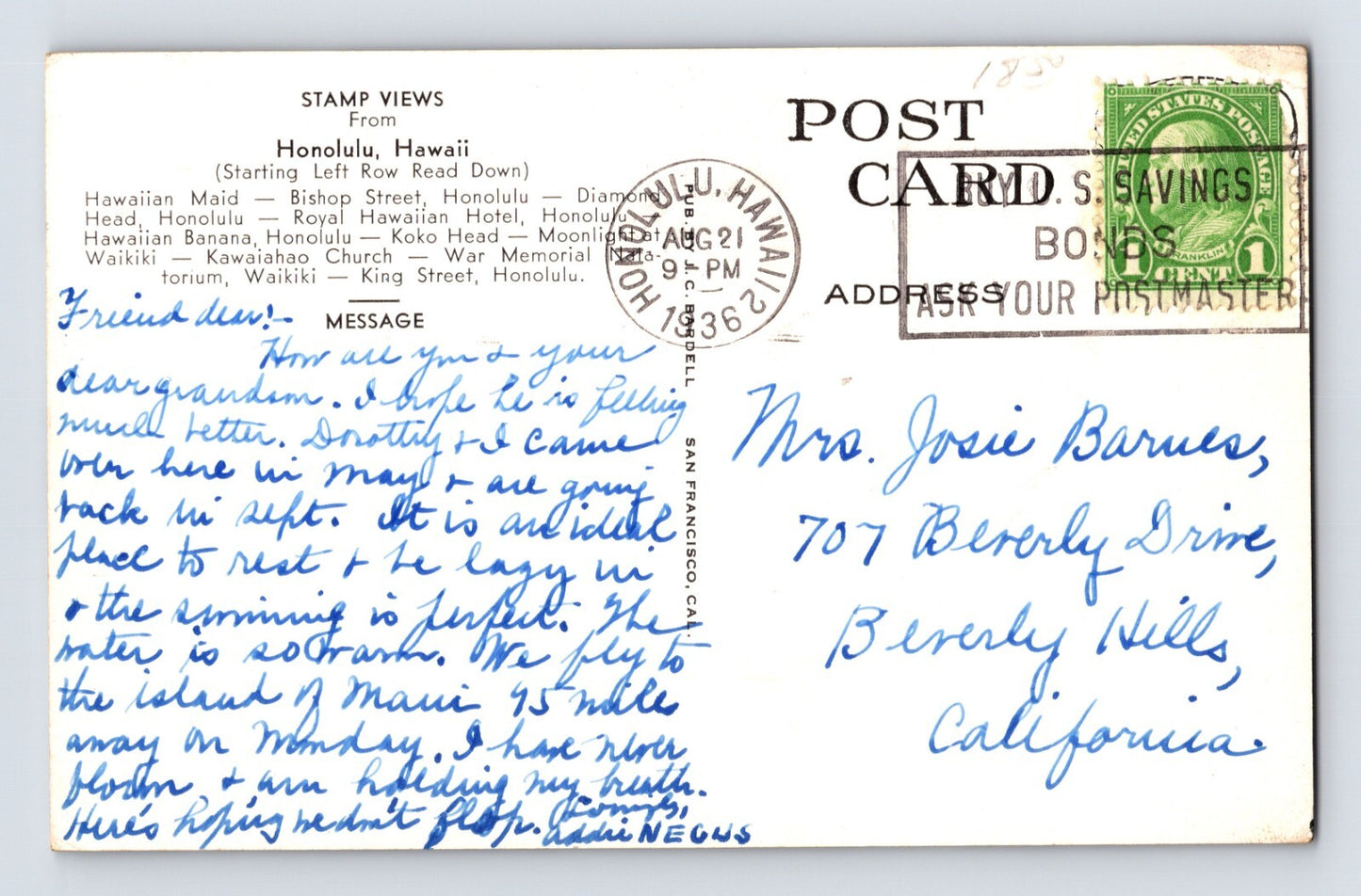Honolulu Hawaii Multi View 1936 Postcard Posted