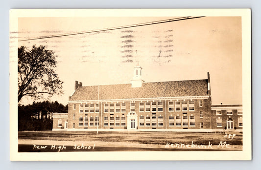 Sepia postcard view of Kennebunkport Maine New High School brick building with central cupola and symmetrical window rows 1941