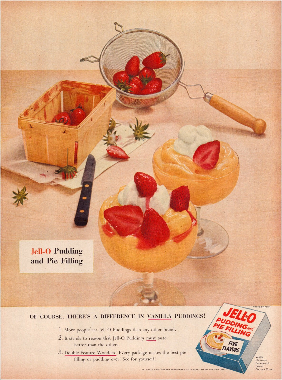 Jell O pudding 1953 vanilla strawberry dessert print ad full page magazine