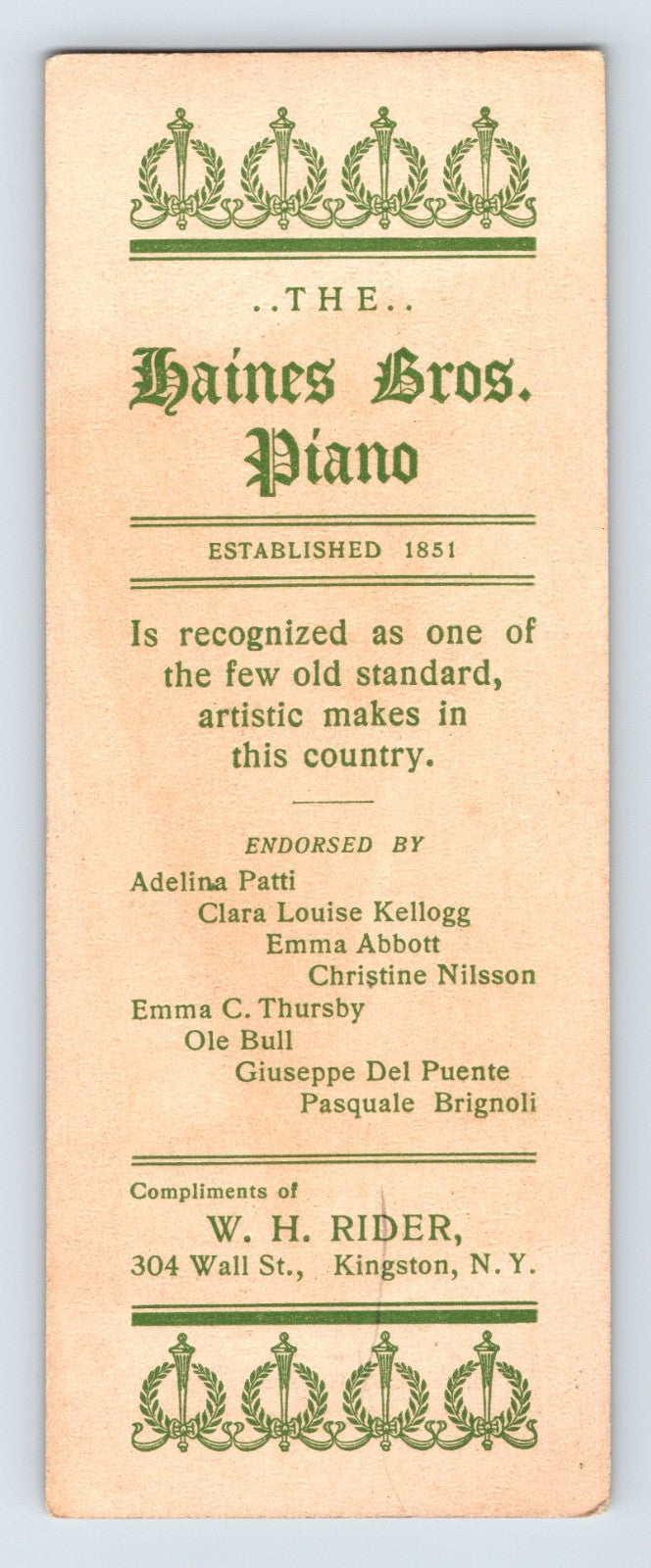 Haines Pianos Woman Art Nouveau Bookmark 1900s Trade Card Kingston NY 6 x 2.5