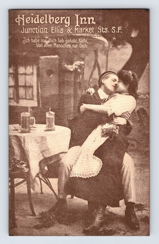 San Francisco California Heidelberg Inn cafe 1910s postcard with couple kissing at table beer steins and German themed interior scene