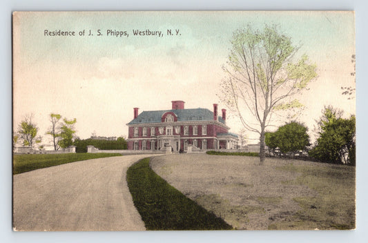 Westbury Long Island New York postcard showing Residence of J S Phipps with curved drive and mansion facade 1910s