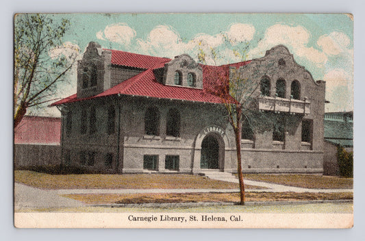St Helena California Carnegie Public Library 1912 building red roof postcard