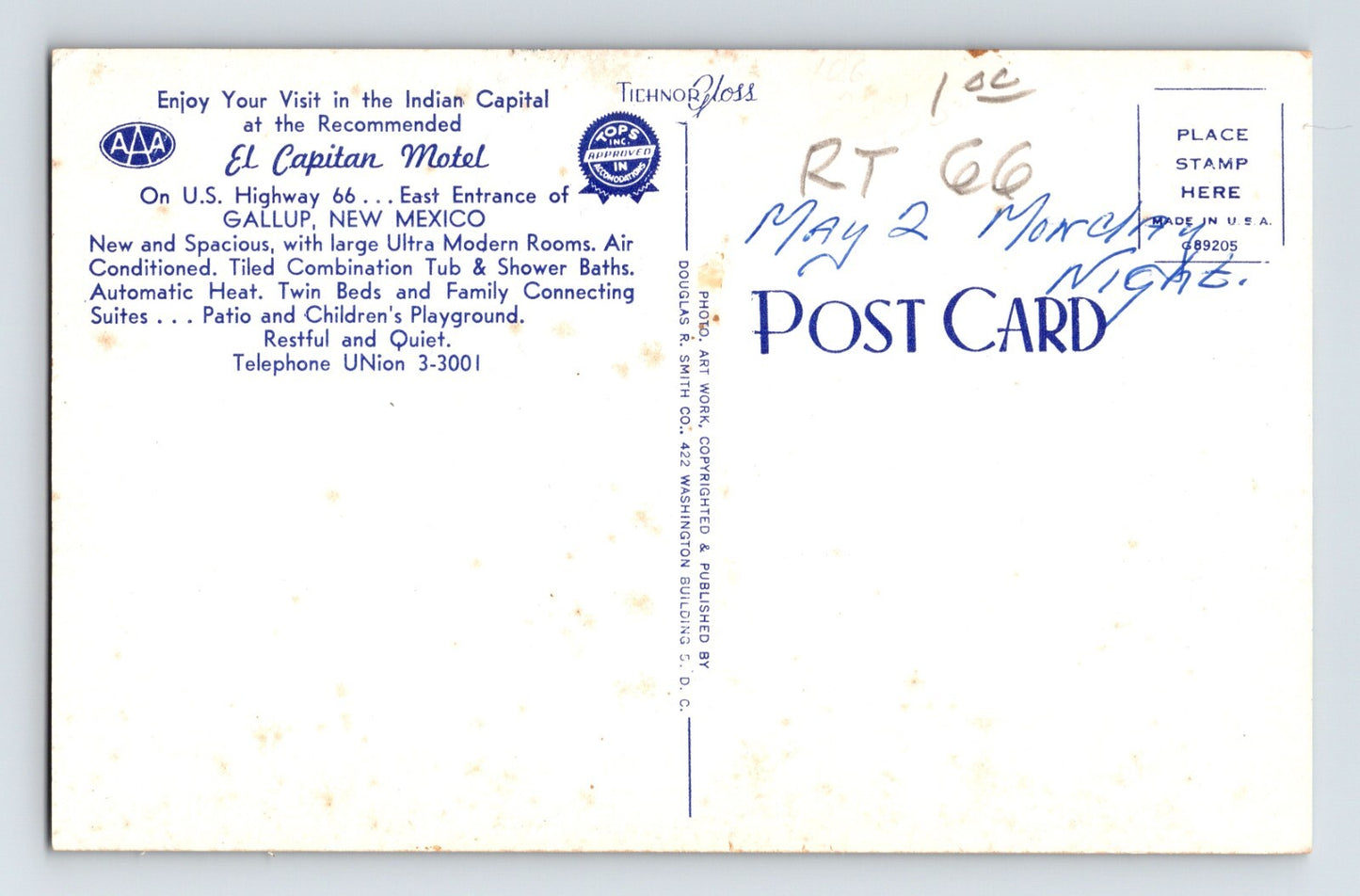 Gallup New Mexico Route 66 El Capitan Motel 1950s Postcard Unposted Chrome