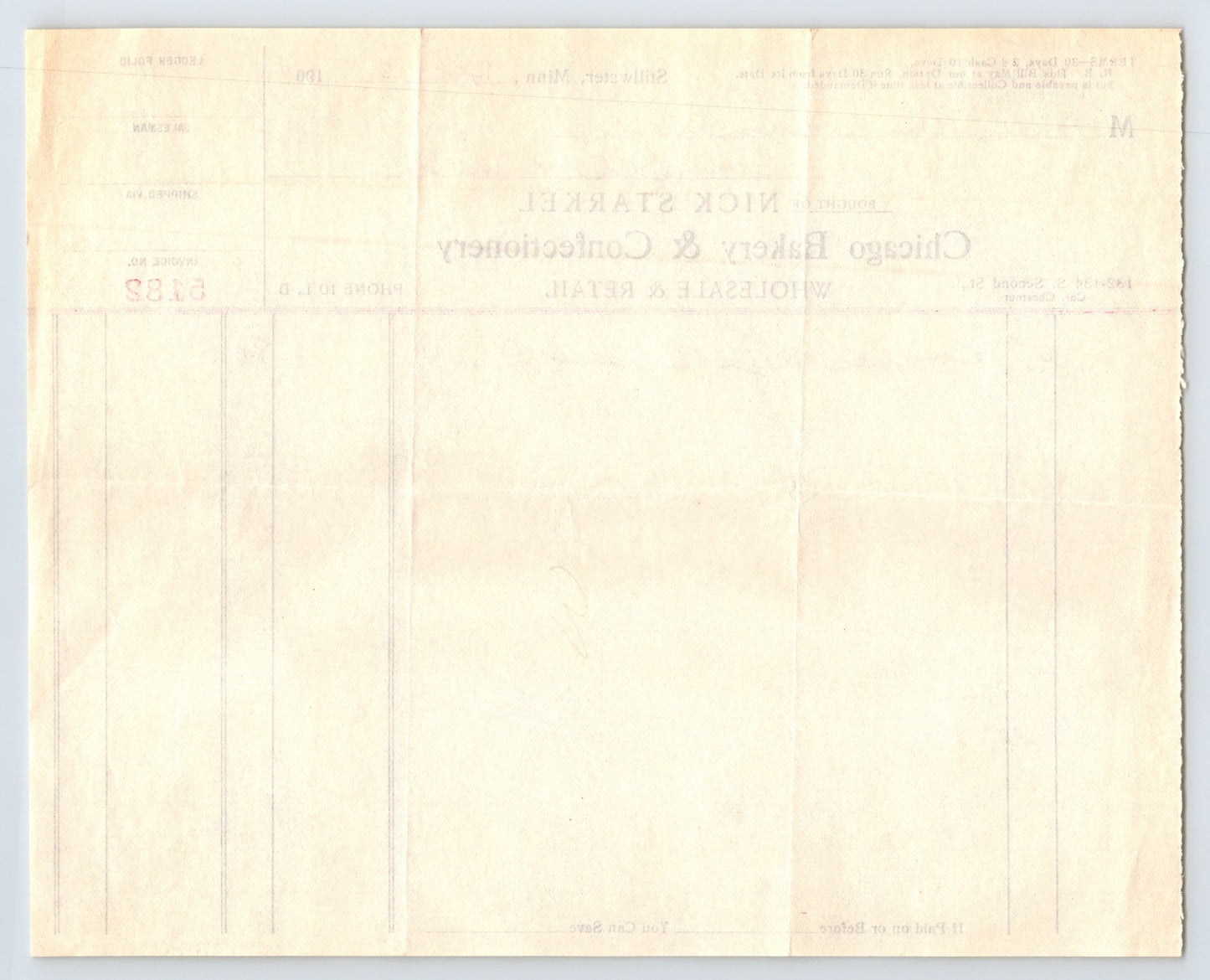 Stillwater Minnesota 1904 Nick Starkel Chicago Bakery Billhead 8 x 7
