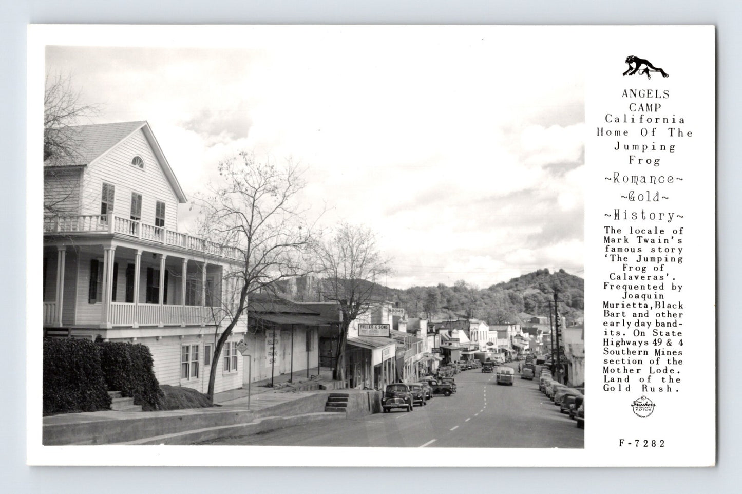 Angels Camp California Highway 49 downtown street Frasher photo 1940s RPPC postcard