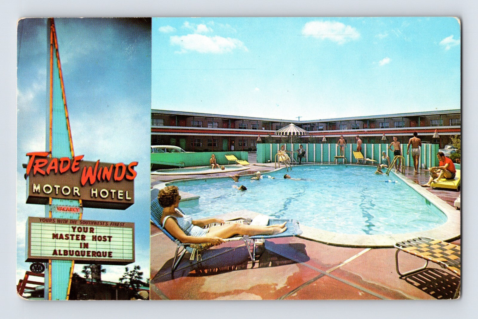 Albuquerque New Mexico Trade Winds Motor Hotel pool tower lounge chairs 1960s chrome postcard