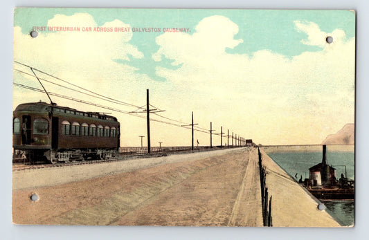 Galveston Texas Interurban Trolley Causeway 1910s Postcard Unposted