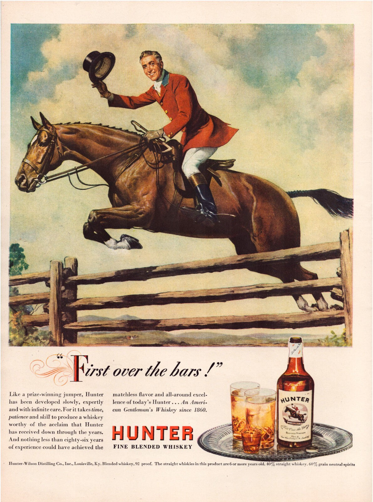 Hunter Whiskey 1946 Horse Steeplechase Full Page Print Ad 10.5 x 13.5